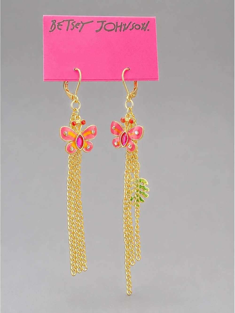 Betsey Johnson Pink Butterfly Dangle Chain Earrings